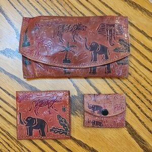 Vintage Leather Wallet Set African Animal Design 3 Piece Set Brown Red Green